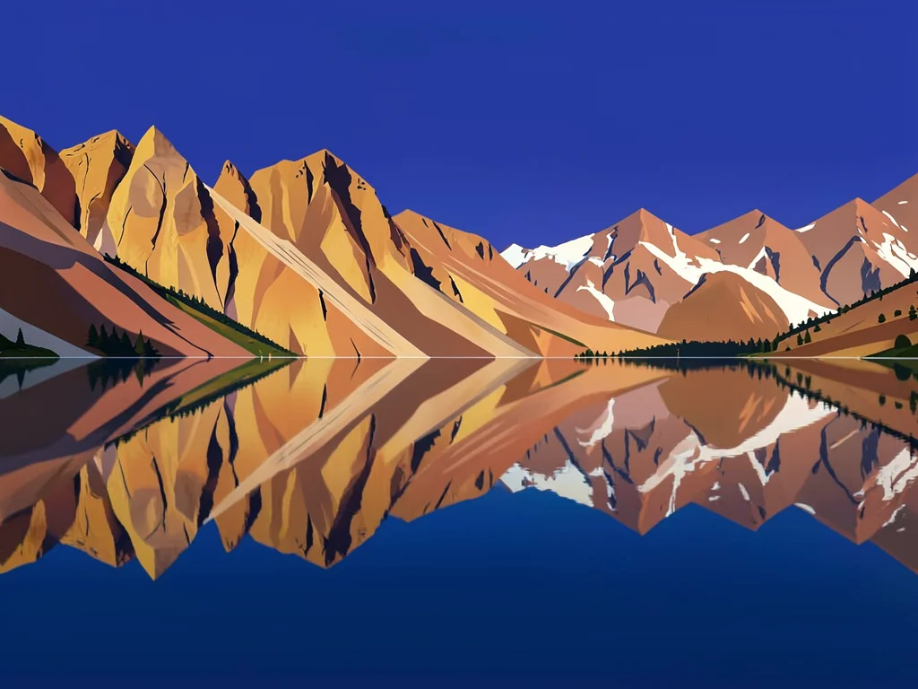 Mirror surface of a high lake doubles a copper-and-ochre mountain wall under a d
