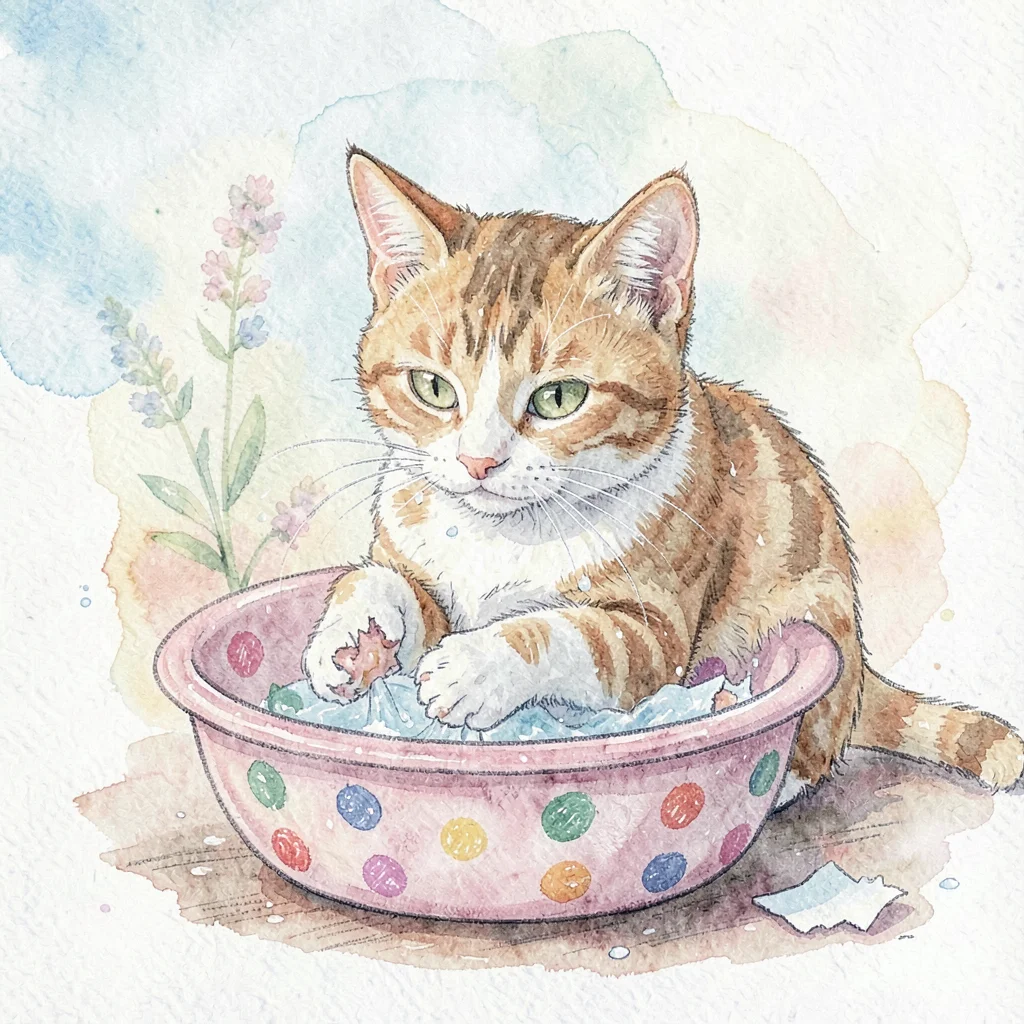 A friendly cat washing torn-paper paws in a crayon polka-dot basin
