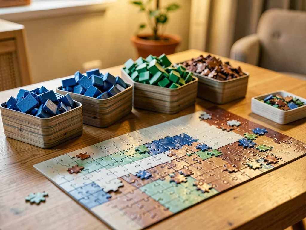 Color sorting piles, all blues together, all greens, all earth tones, the organi