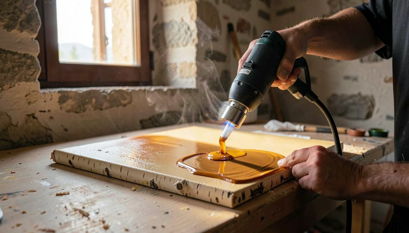 Warm encaustic painting studio on a Greek island, intimate and close, Mediterran