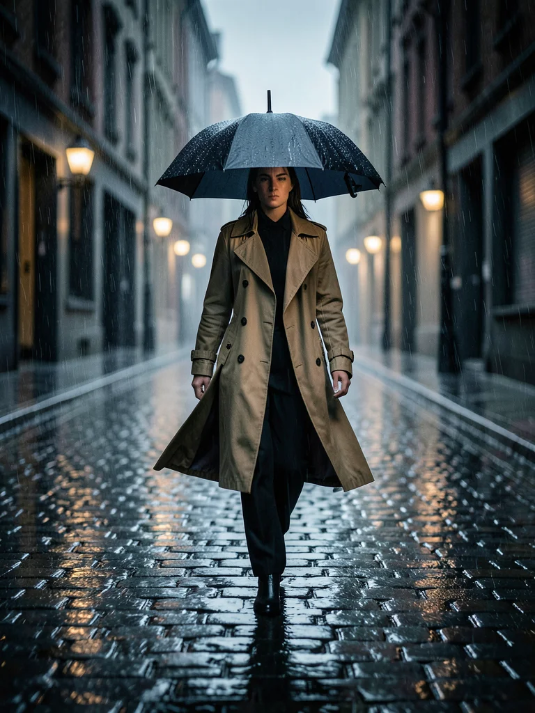Person in a trench coat walking through rain, umbrella, cobblestone street, cine