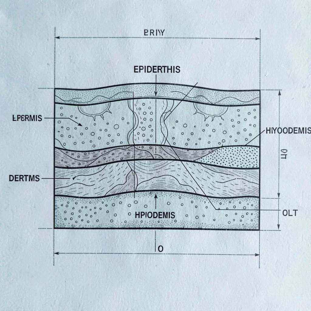 Blueprint diagram of skin layers (epidermis, dermis, hypodermis), calm pale-blue