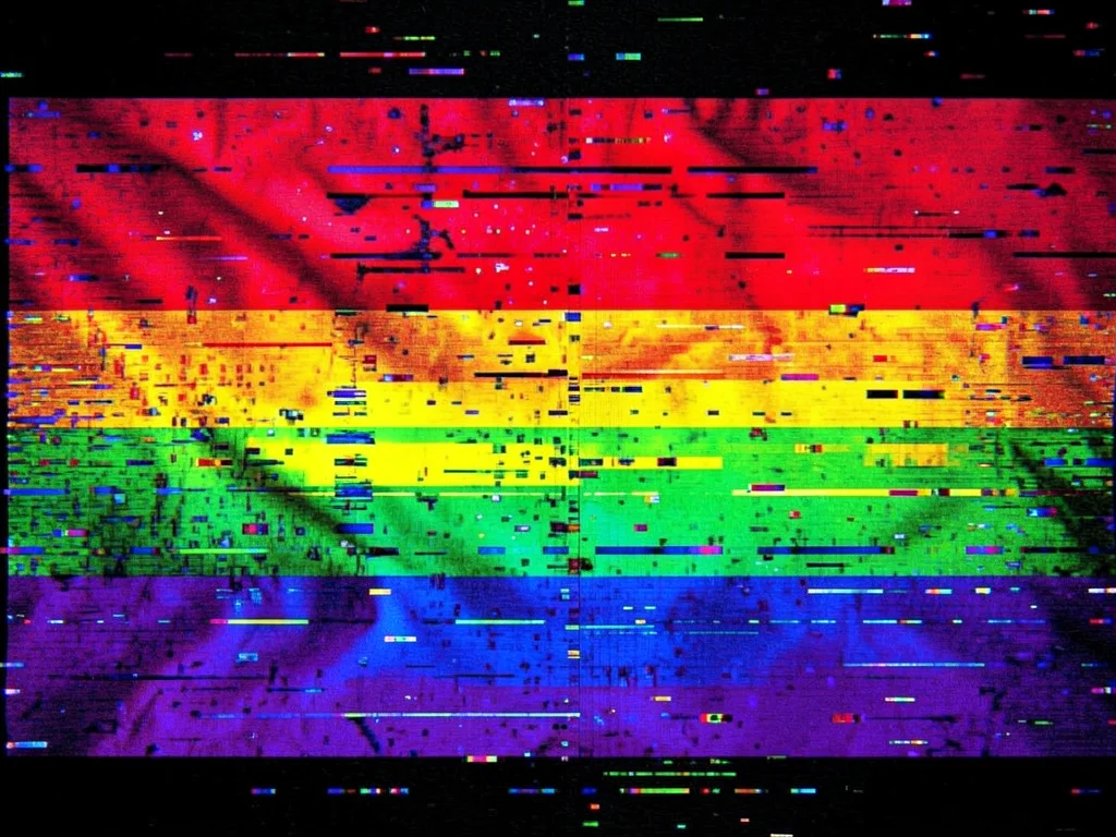 Rainbow flag image with artistic data corruption, colors smearing into each othe