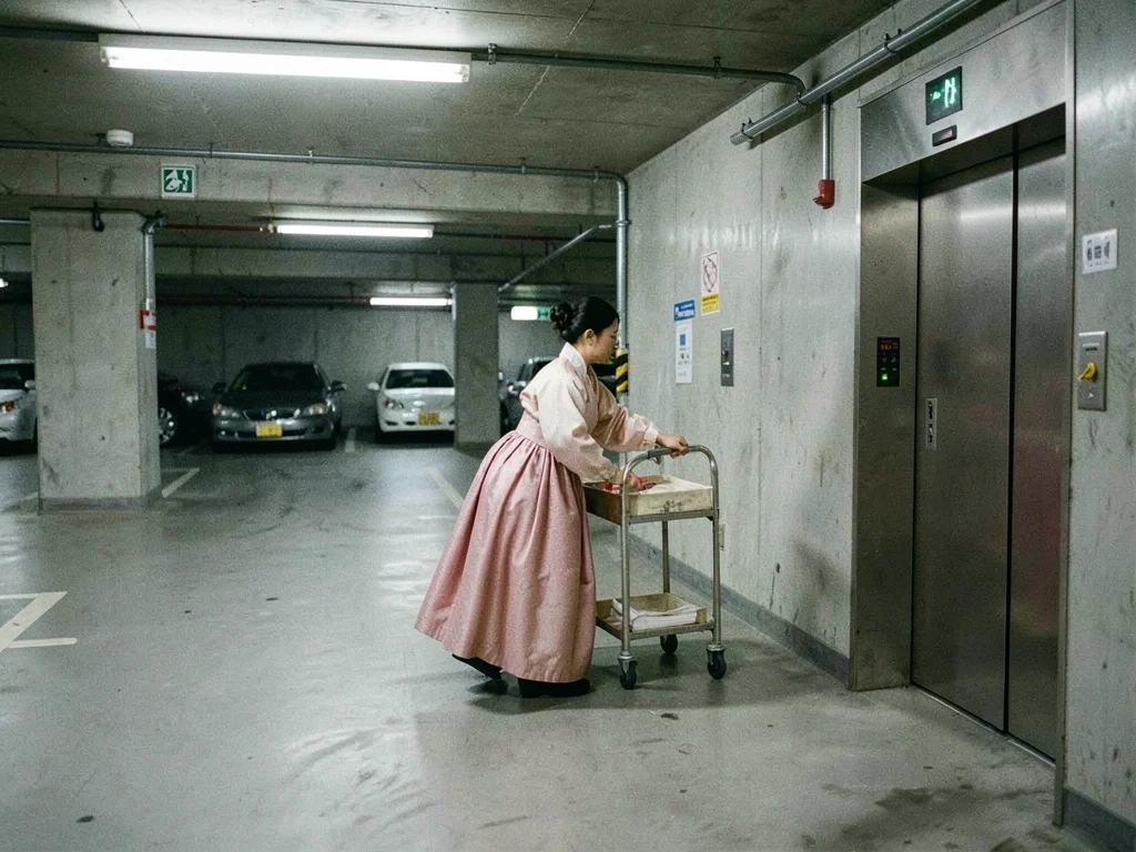 Rose-colored hanbok pushing cart through parking garage toward elevator