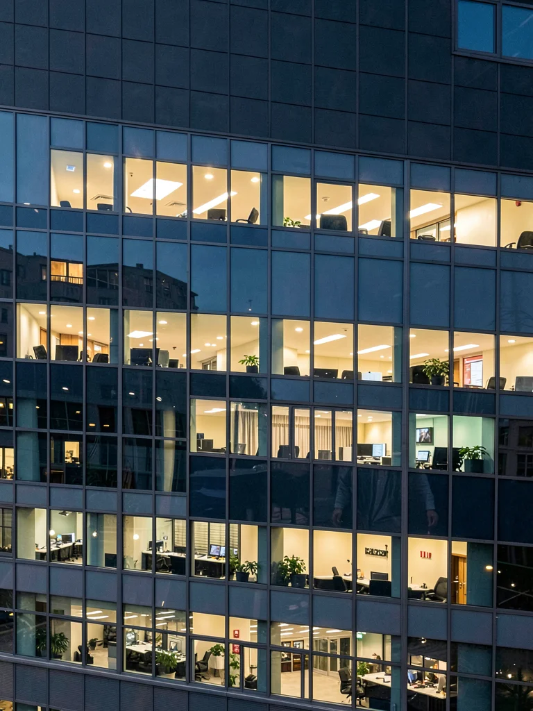 Office building windows lit