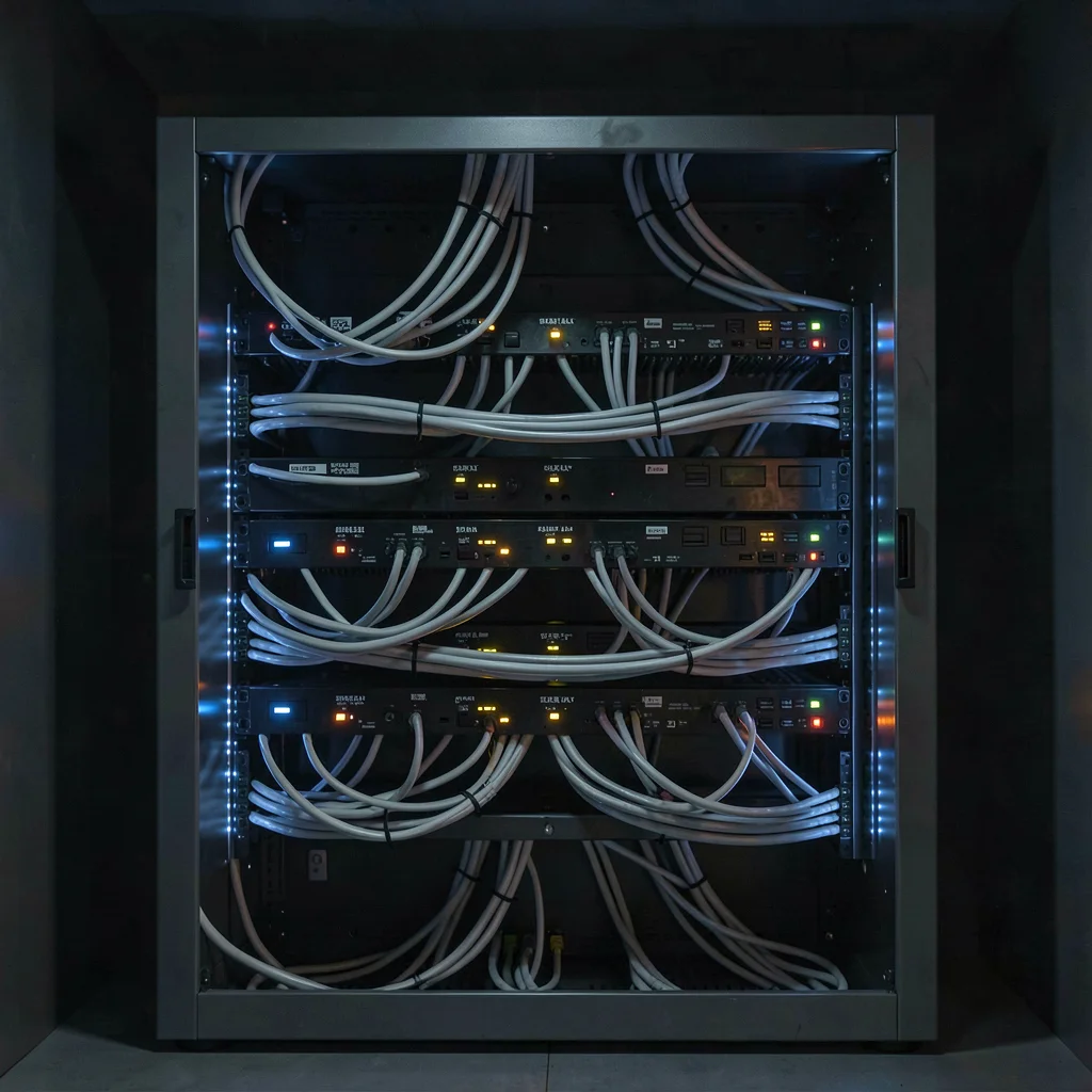 Stark Baltic minimalism, contemplative mood, Server rack in dark room illuminate