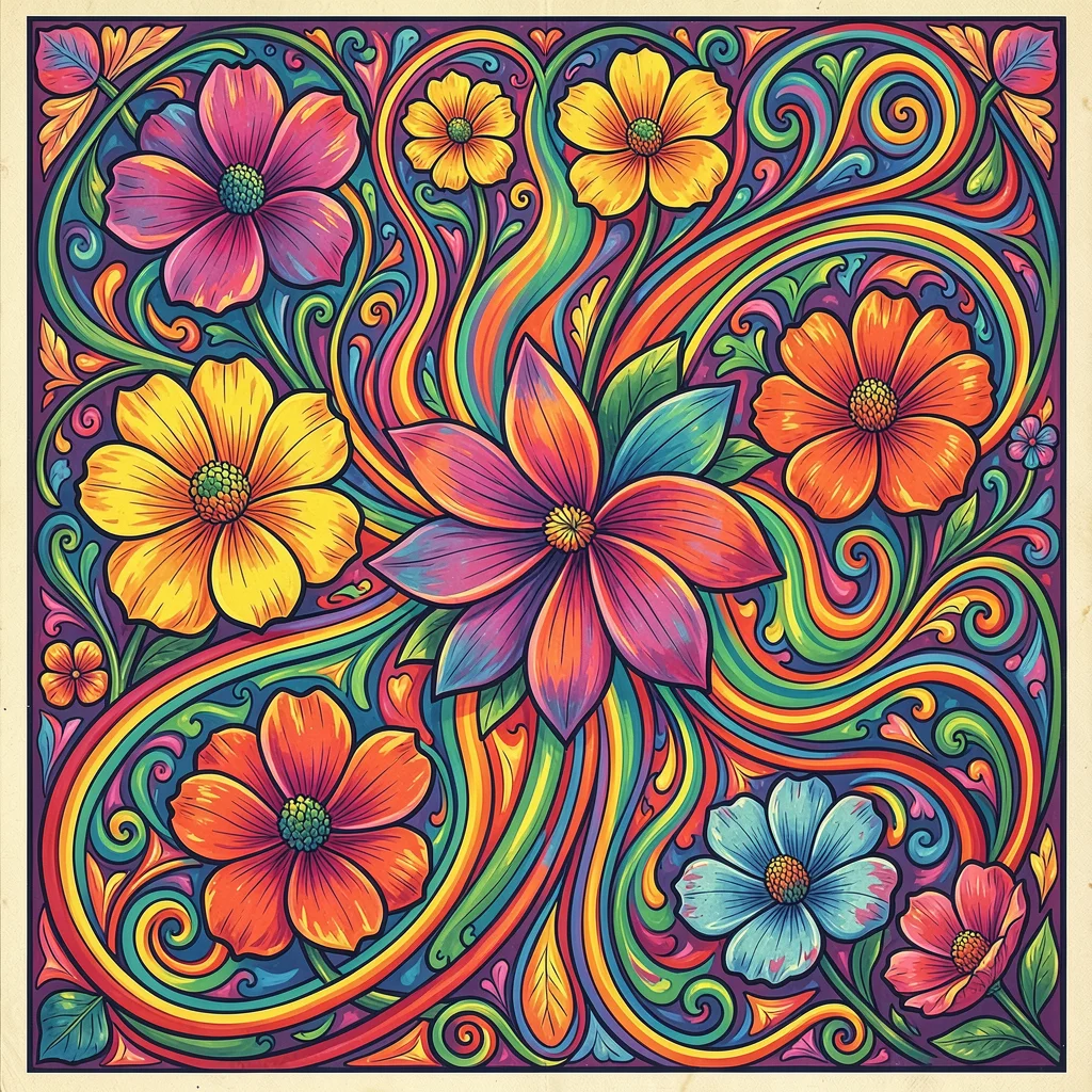 Psychedelic poster illustration, flowers blooming in impossible color combinatio