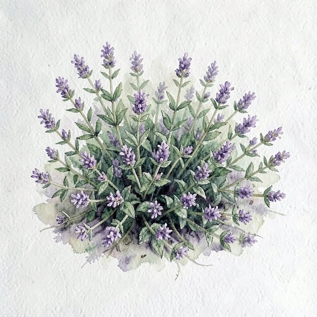 Painterly gouache of a creeping thyme mat with tiny purple flowers, paper tooth