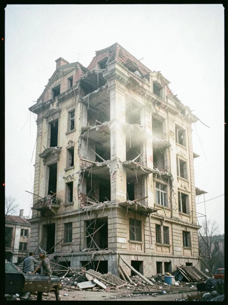 An old building facade double-exposed with its demolition, the past and future o
