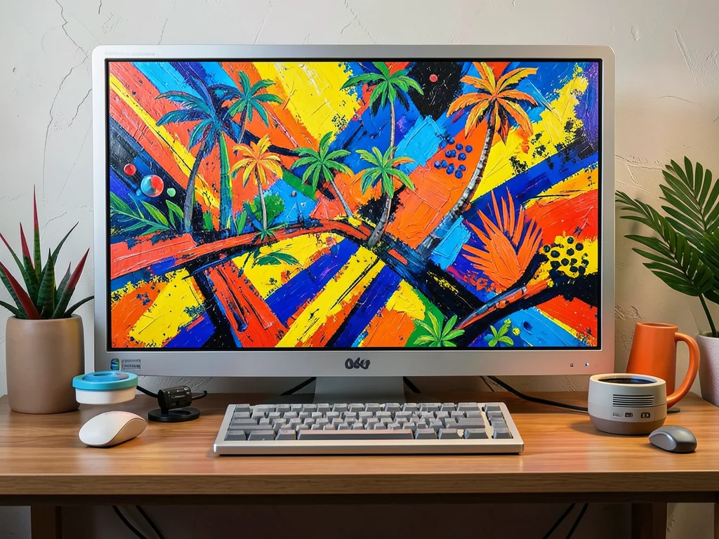 Windows 95 desktop but the icons are real 3D objects sitting on physical desk