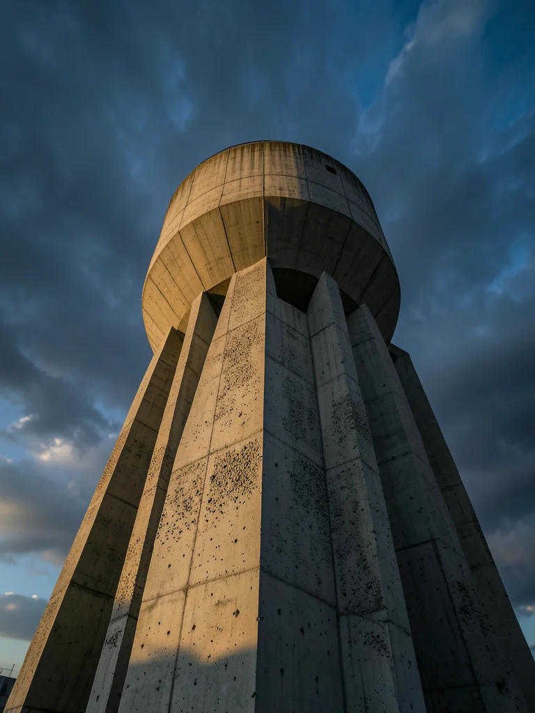 A concrete water tower, cylindrical and monumental against stormy sky, the surfa