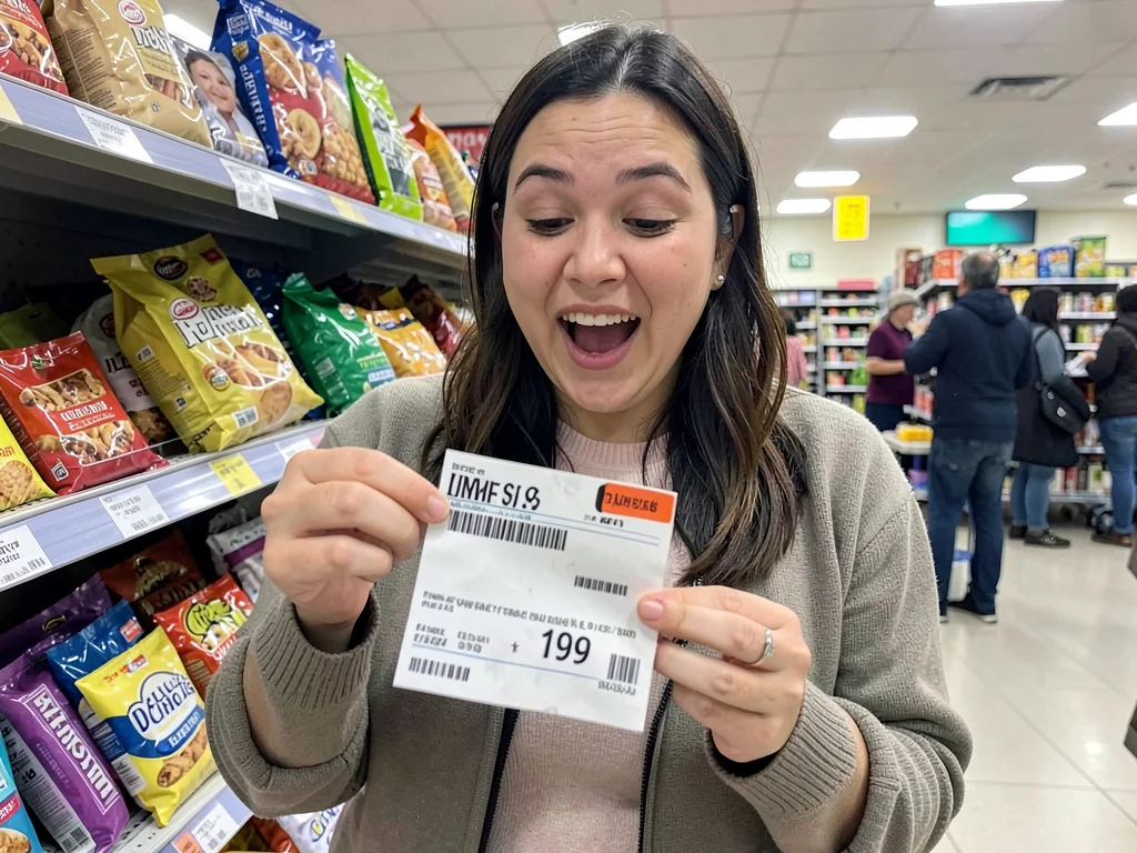 Shopper realizing item they want is on unexpected sale, price tag in hand