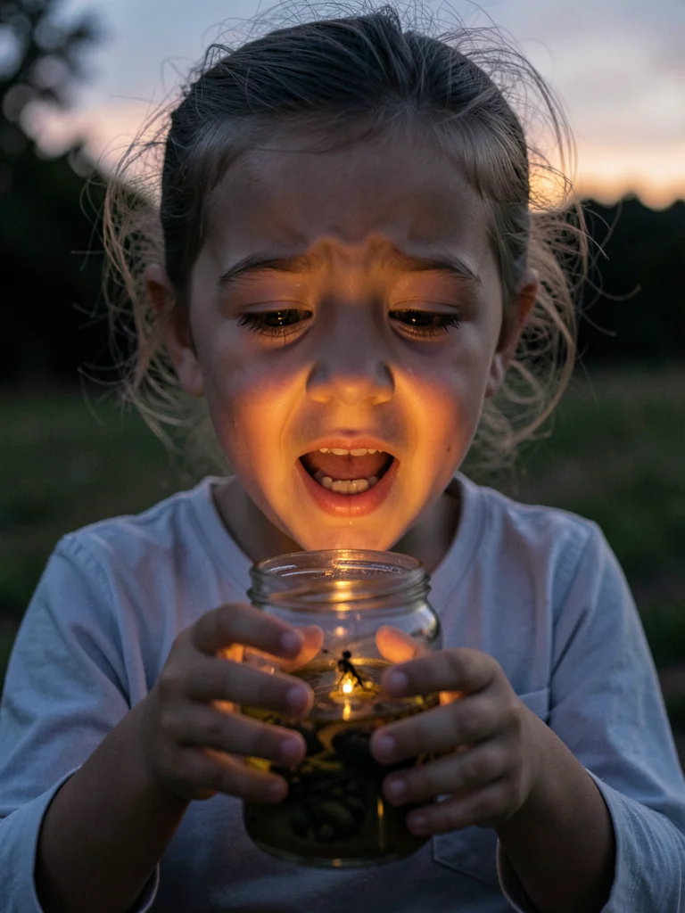 Child catching firefly in jar, wonder illuminating face in twilight