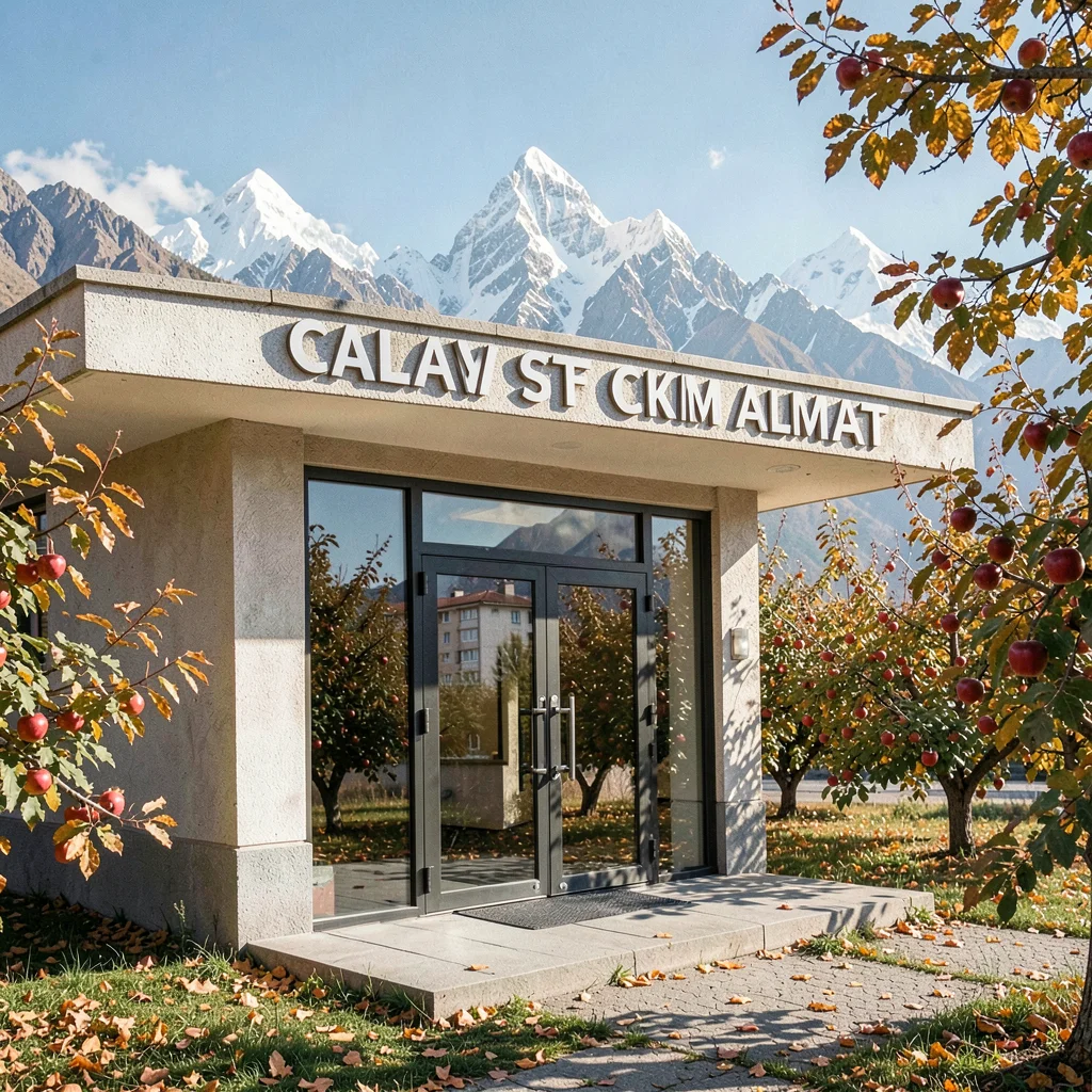Tian Shan mountains behind Soviet Almaty, Soviet cinema facade with mountain ref