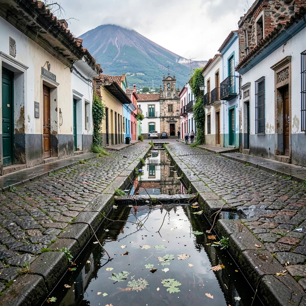 Volcano-framed colonial streets of Antigua Guatemala, Cobblestones worn smooth b