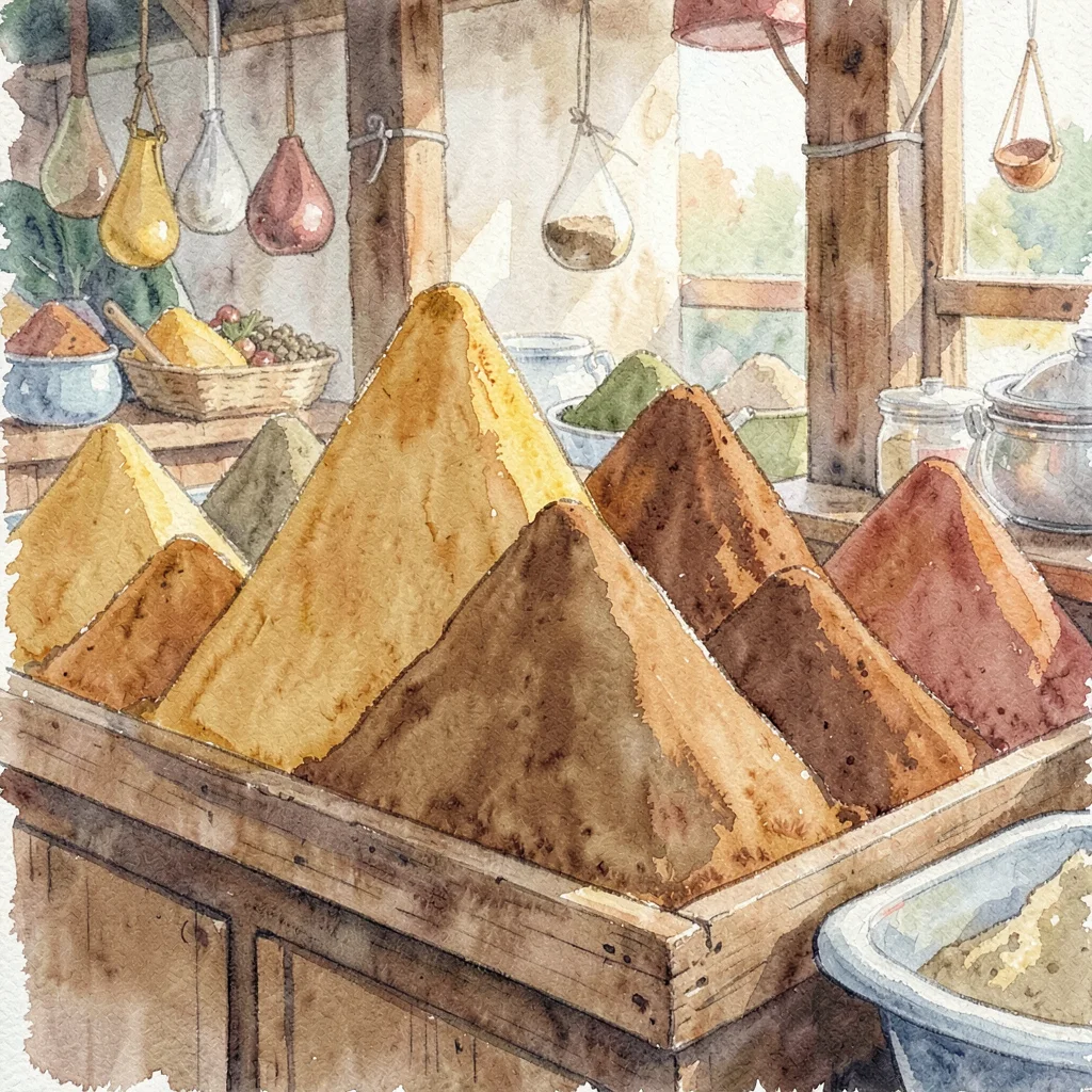 Pile of conical spice mounds in a market stall, deep saffron, paprika, cumin, so