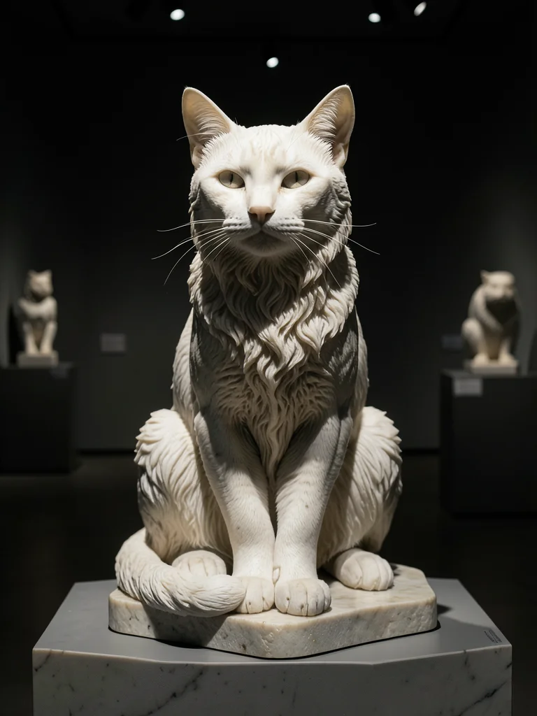 A marble cat in perfect anatomical detail, seated and alert, the fur texture sug