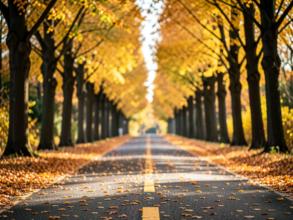 Country road lined with autumn trees forming golden tunnel, fallen leaves