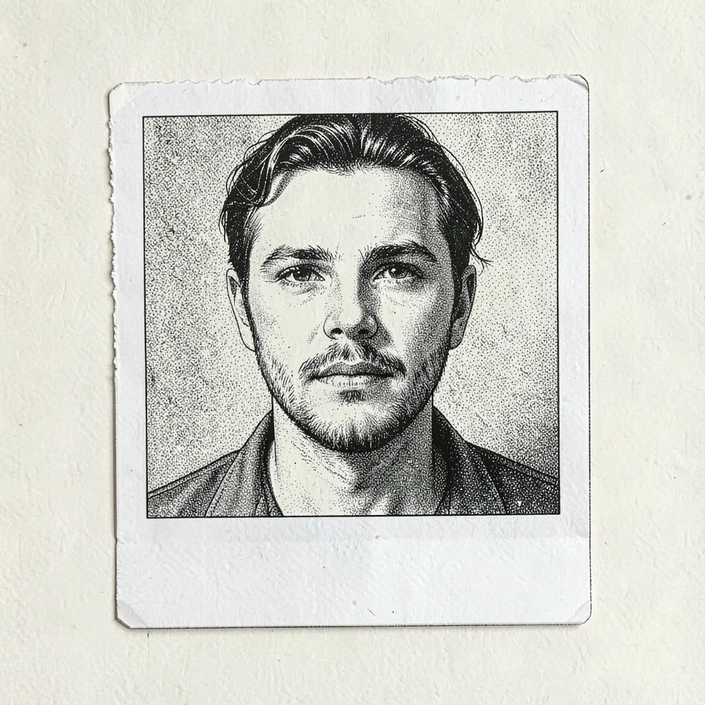 Pen-and-ink evidence study of a torn polaroid with a smudged face, deckle-edged