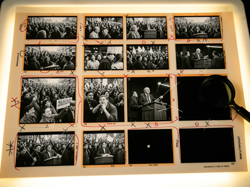 A contact sheet from a photojournalist covering a protest march, black-and-white