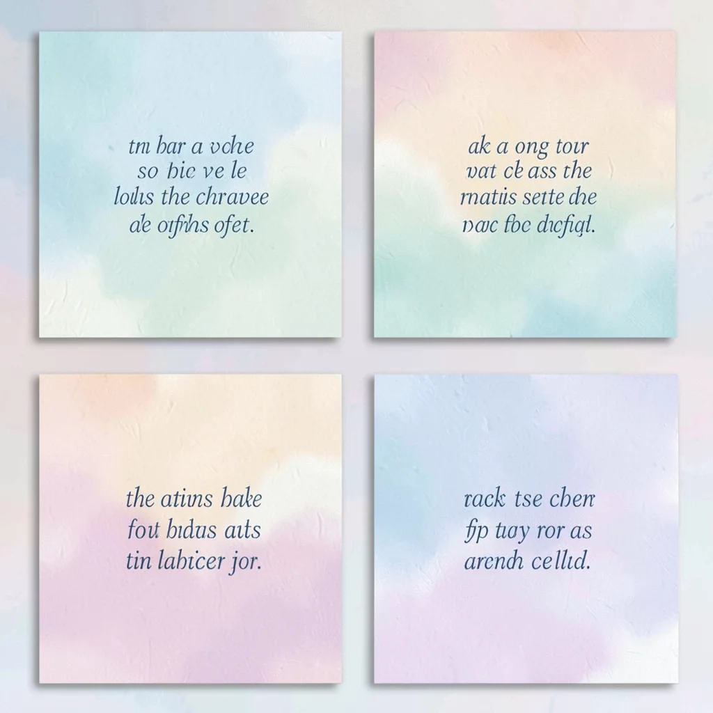 Editorial quote-card series of four pastel paper tiles in a strict 2x2 grid