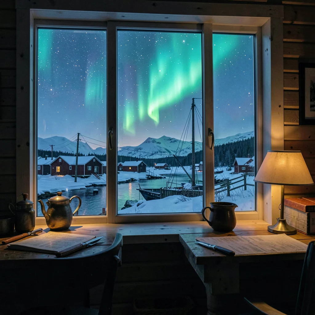 Polar night blue hour in Tromso, Norway, interior of a fishing cabin window look