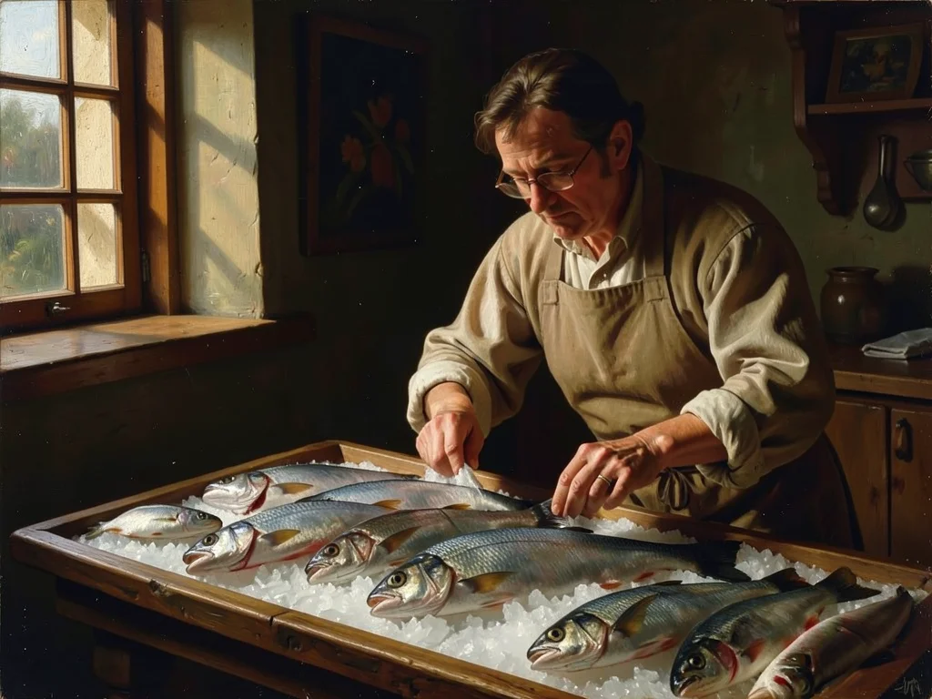 A fishmonger arranging the morning catch on ice, the silvery fish catching light