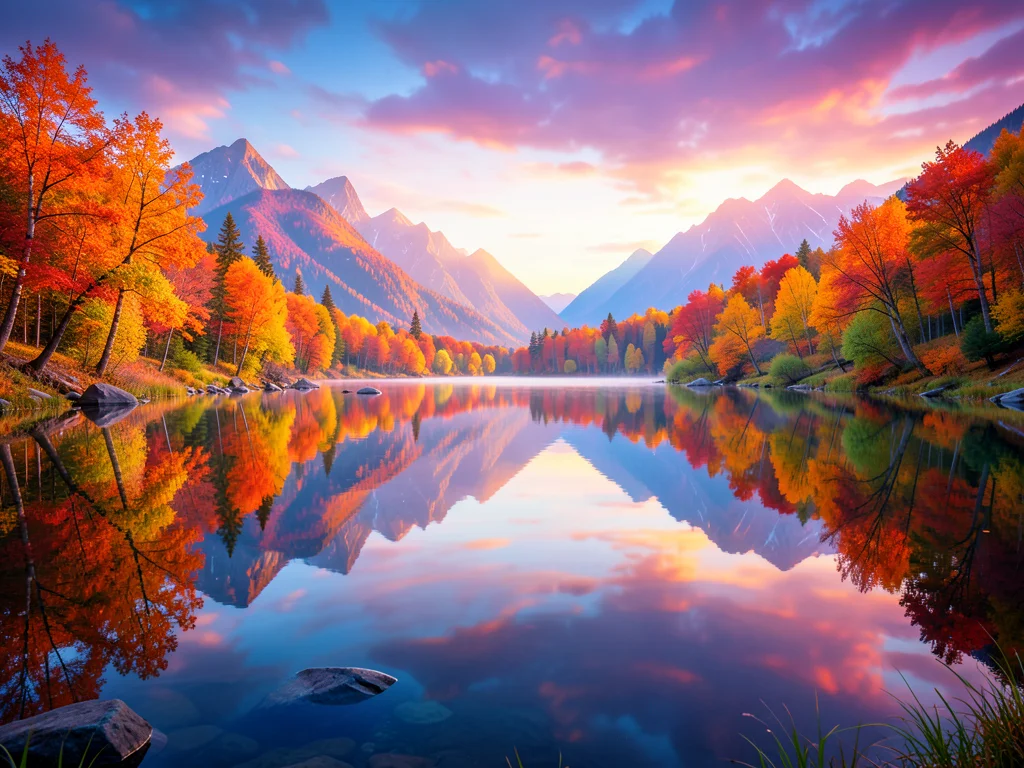 Lake that reflects a different season than reality — spring shore reflected as a