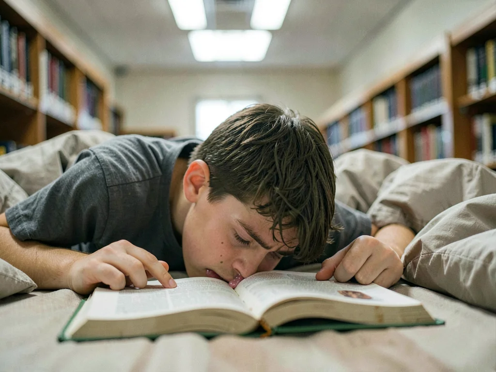 Student waking on textbook, drool spot, library fluorescents, the panic of unint