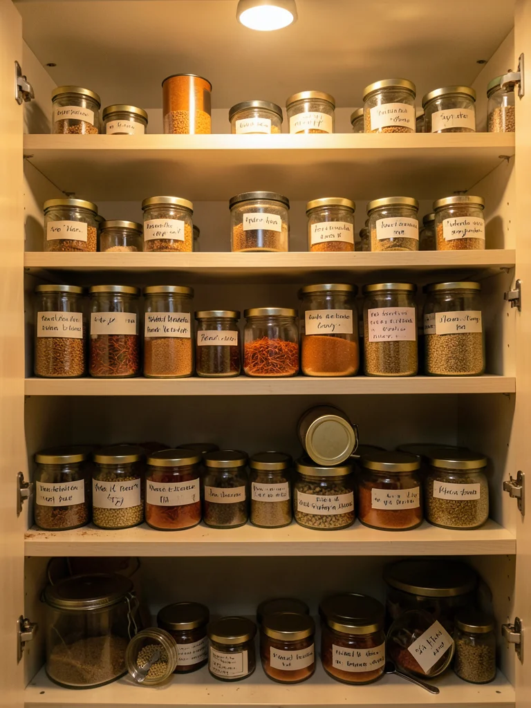 The interior of a well-stocked spice cabinet viewed straight-on, three narrow sh