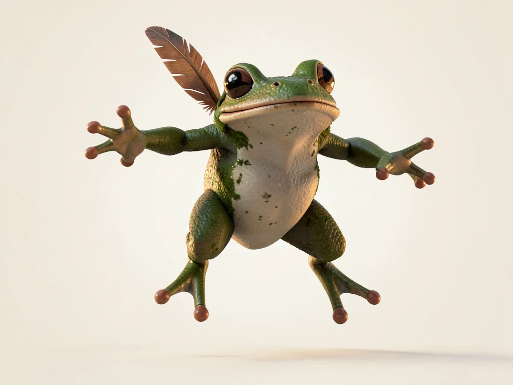 Mossy frog-elder mid-hop suspended at the apex with limbs splayed gently, single
