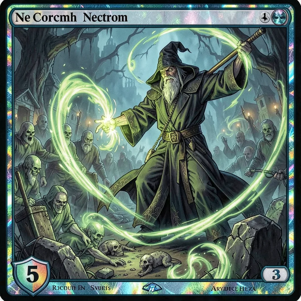 Trading card game illustration, a necromancer summoning an army of spirits from 