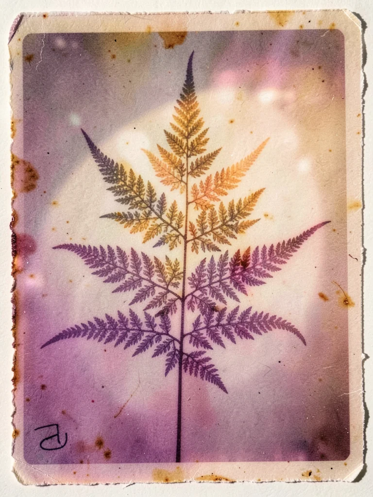 Fern frond silhouette showing cellular structure, amber and purple tones from pl