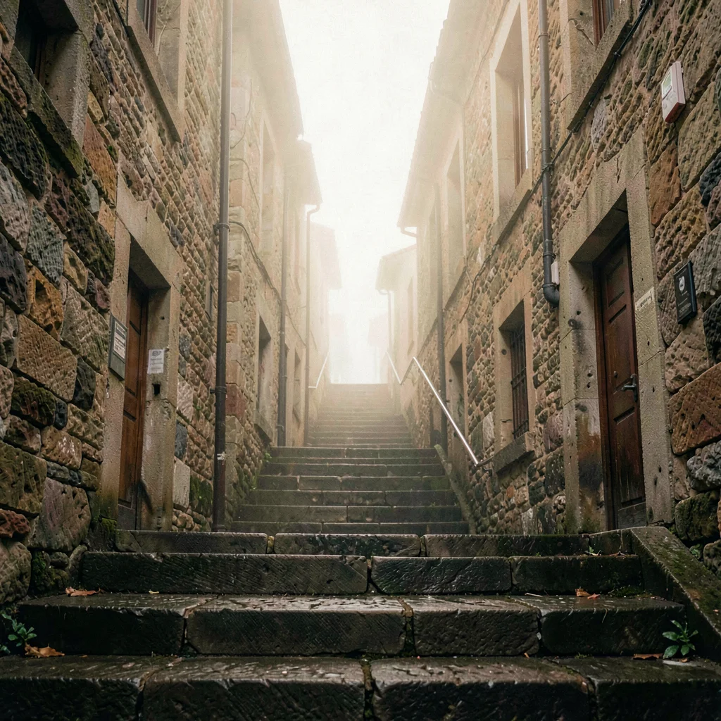 Vertical atmospheric scene of a stone stairway descending into mist between old 