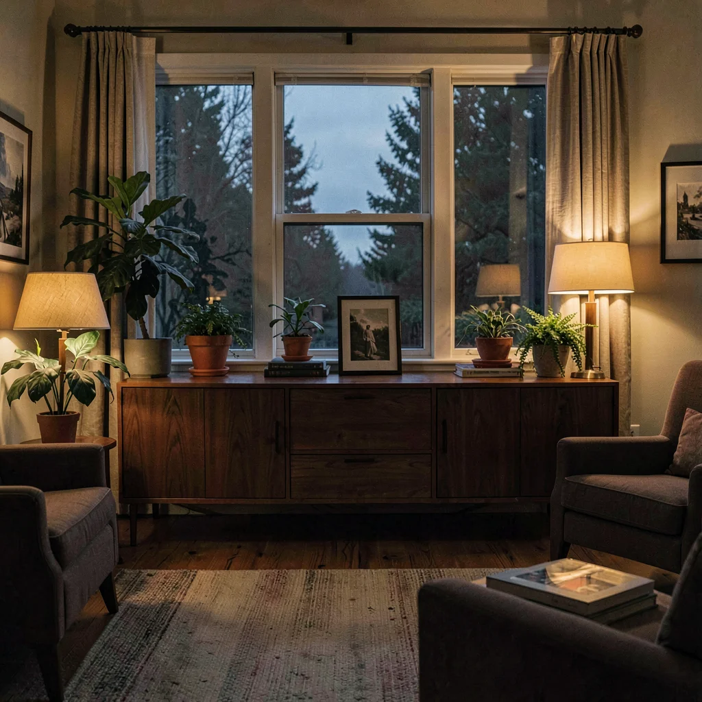 a mid-century living room at lamplight evening, low teak credenza beneath a long