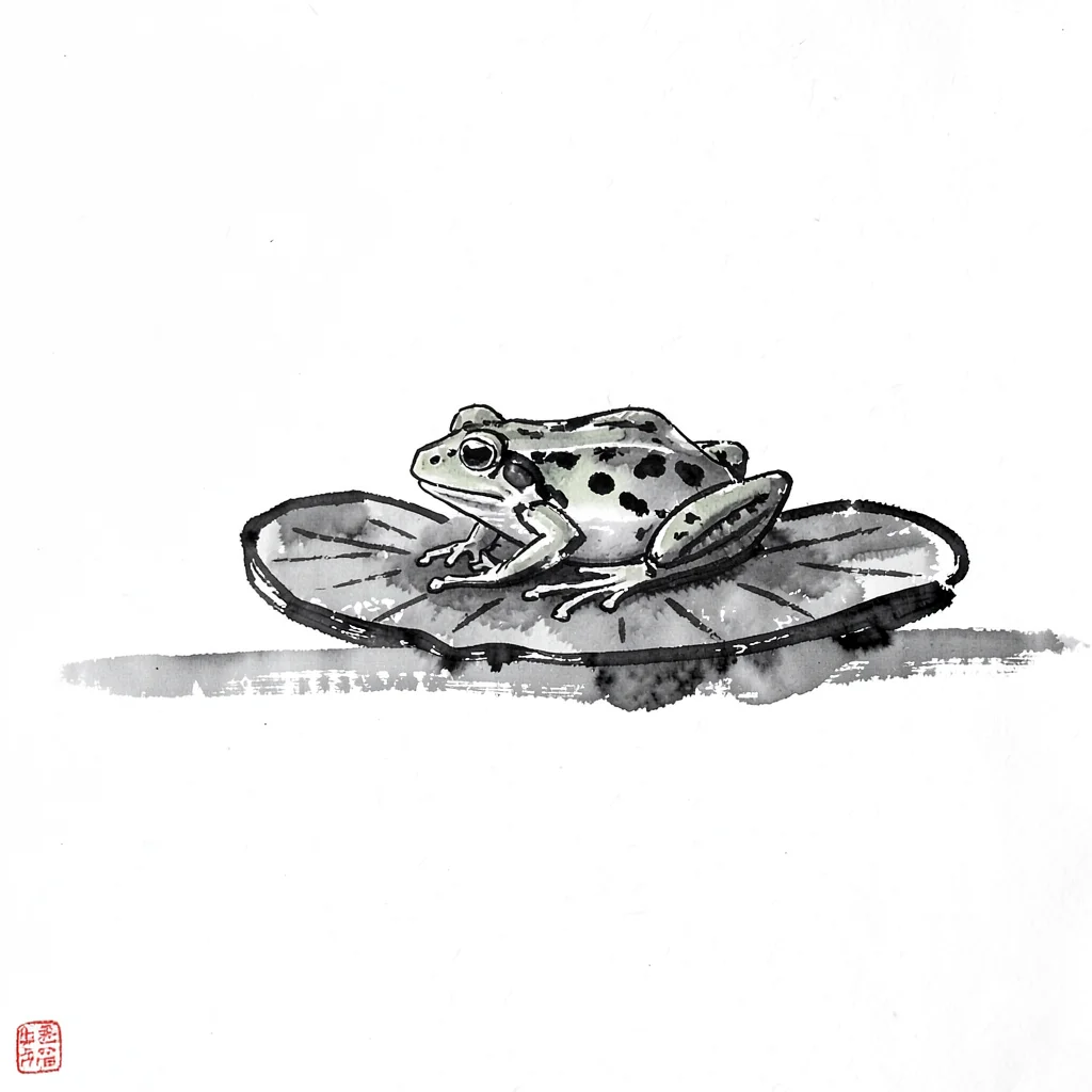 Frog on a lily pad, the water implied by a single horizontal wash stroke