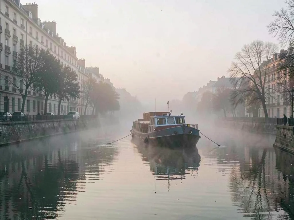Barge emerging from fog on still morning