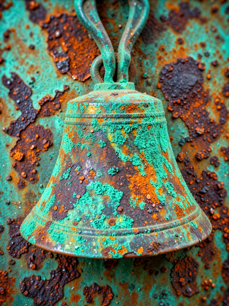 Antique brass school bell with verdigris patina, traditional ringing handle