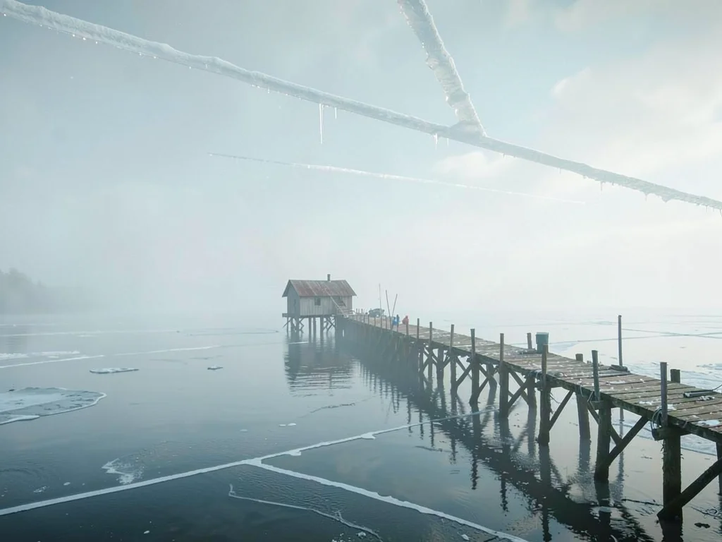 Timbered jetty extending over solid lake, a fishing hut at its end barely visibl