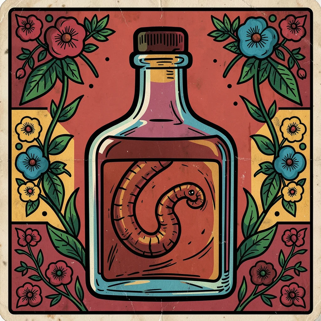 Mexican lotería card illustration, a bottle of mezcal with the worm visible insi