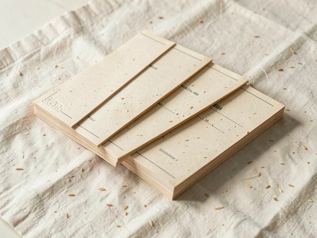 Stack of folded oat-card placeholder menus arranged in a slow diagonal across pa