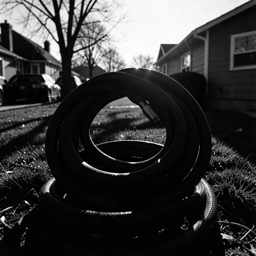 Garden hose coiled in dramatic shadow, could be snake or rope, menacing ordinary