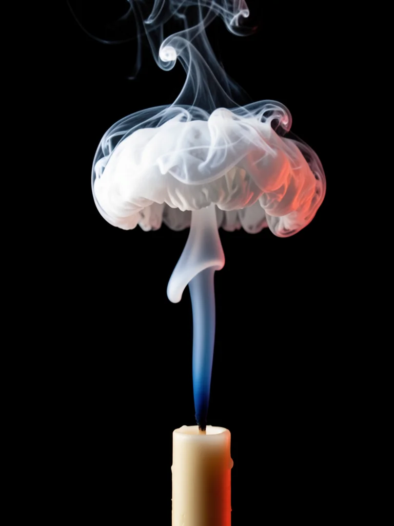 A mushroom cloud shape rising from a snuffed candle, the smoke ring at its crown
