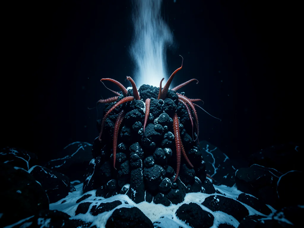 A deep-sea hydrothermal vent chimney expelling superheated mineral-rich water, t
