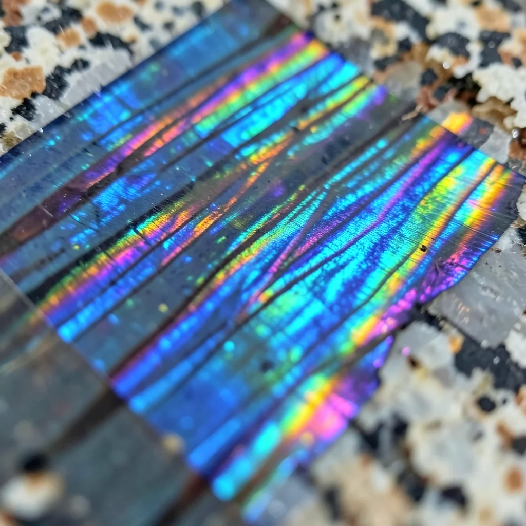 Labradorite feldspar polished face, electric blue schiller flash from lamellar t