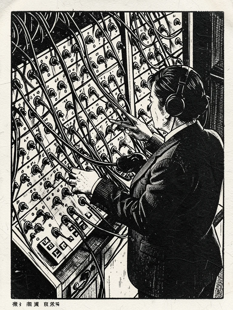 A telephone switchboard operator connecting cables, the board filling the wall b