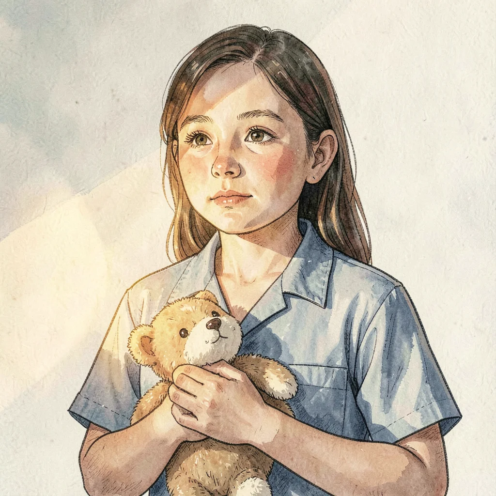 Quiet portrait of a pediatric medical assistant holding a soft toy, warm afterno