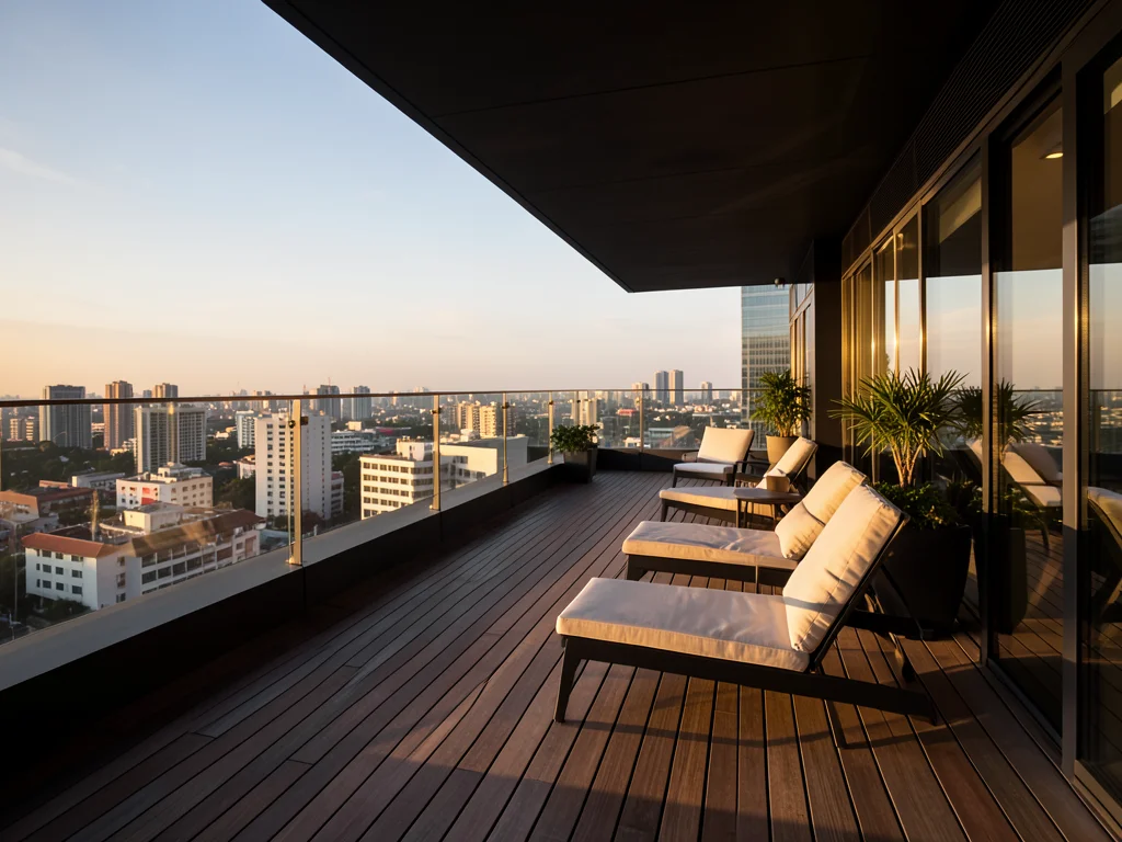 Rooftop terrace of an office building with wooden decking, lounge furniture, cit