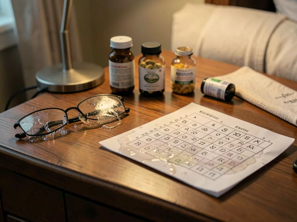 Collection of objects on a deceased relative's nightstand - reading glasses, pil
