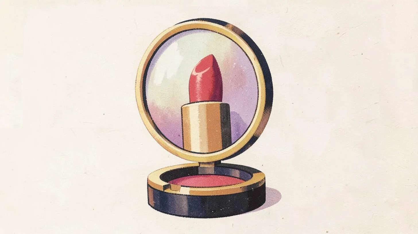 Gouache illustration, lipstick in compact mirror , opaque matte pigment, flat co